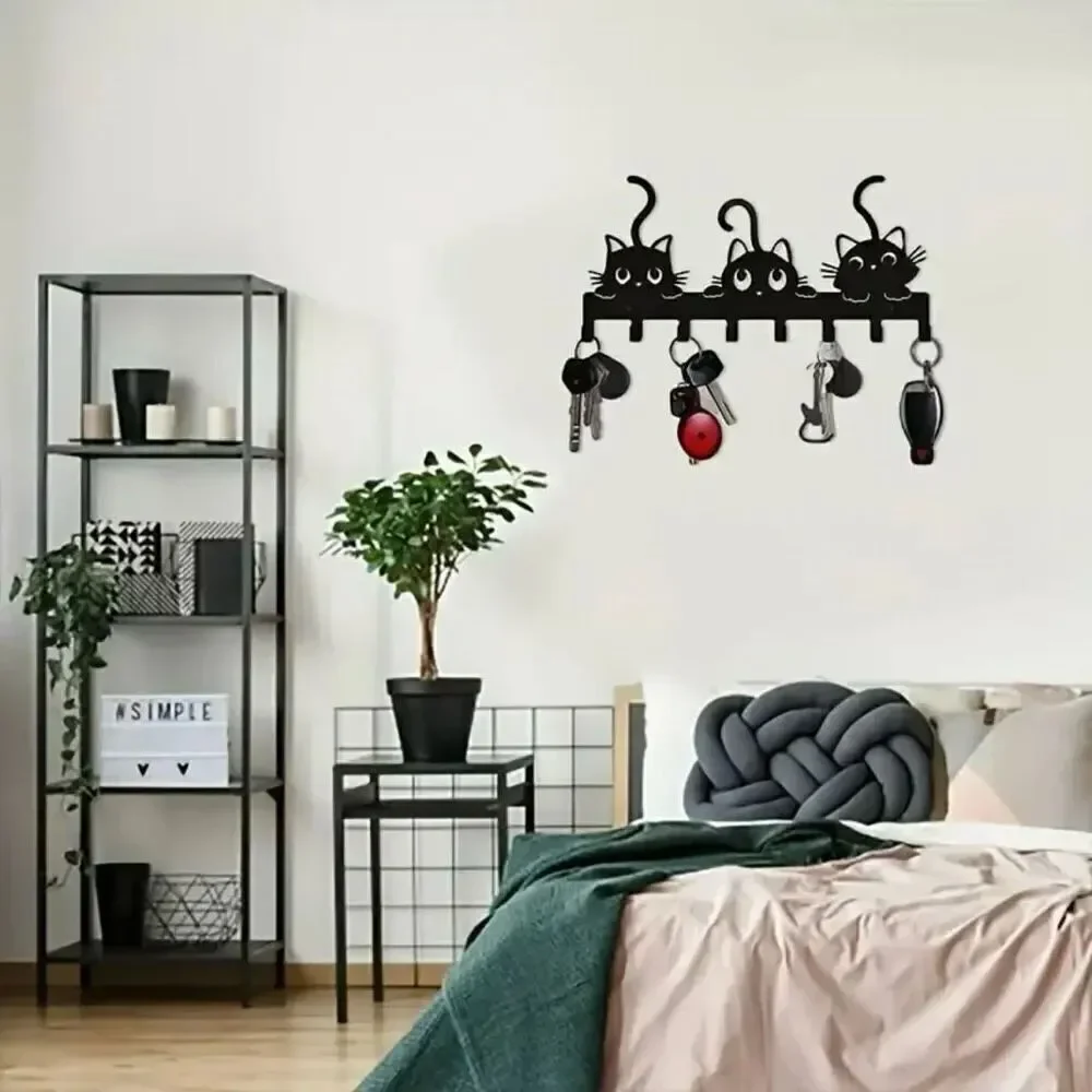 NWT Gorgeous 3 Black Cats Hanger Metalic 8 Hooks Wall Mount Key Holder Organizer